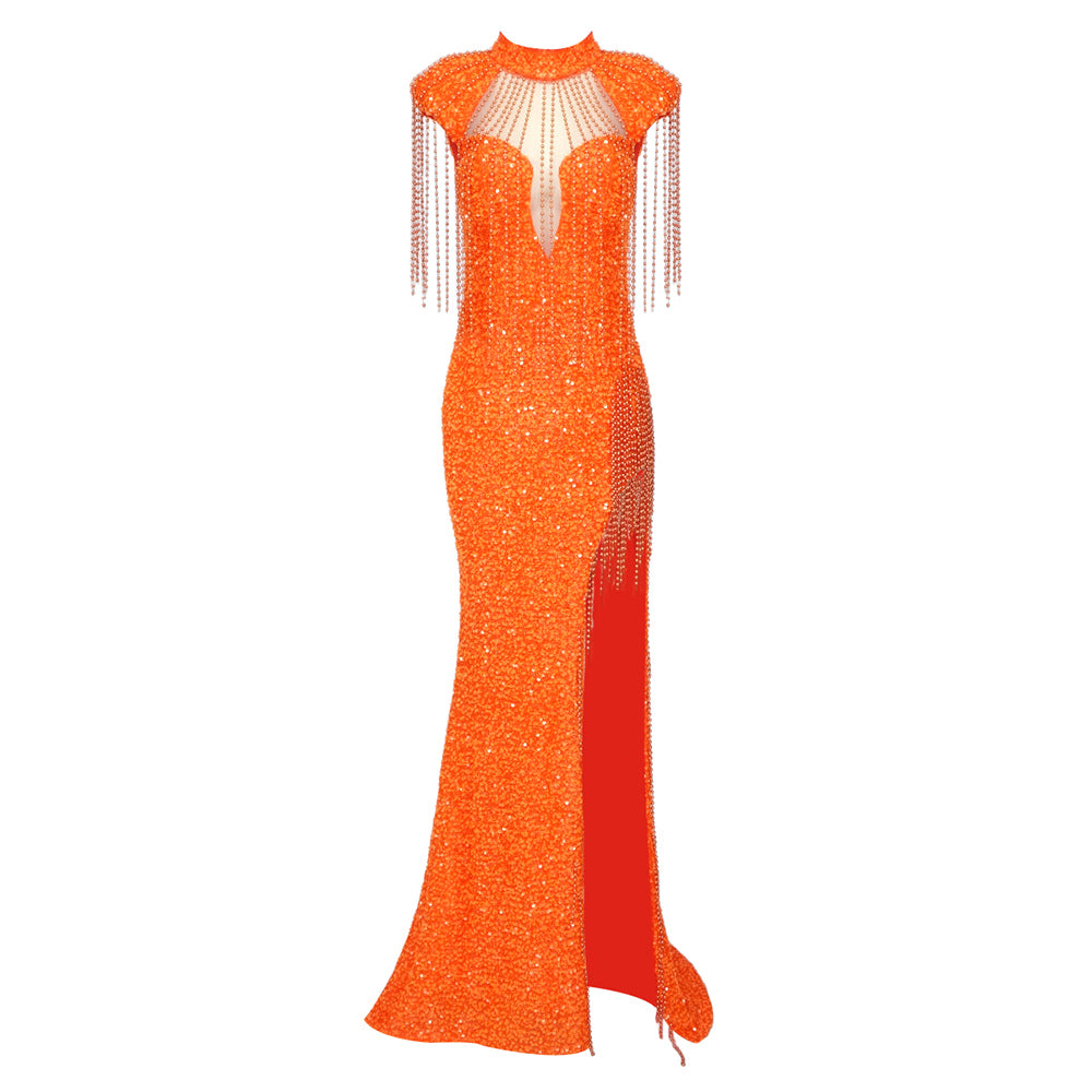 Tassel Detail Sequin Mermaid Maxi Dress Orange HV9848