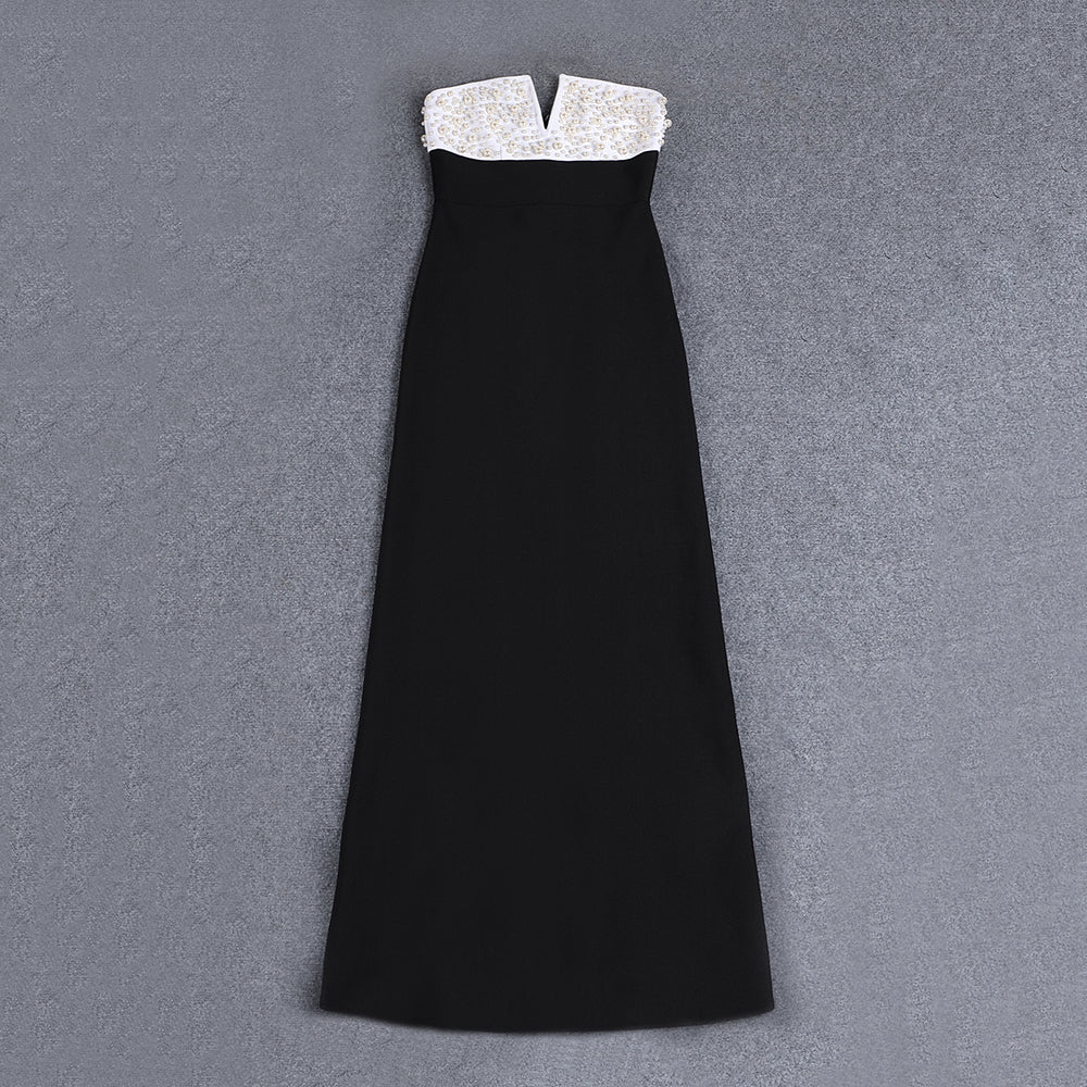 Strapless Pearl Maxi Dress Black White