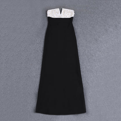 Strapless Pearl Maxi Dress Black White