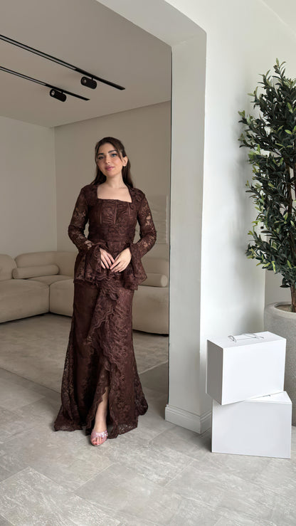 Long Sleeve Ruffle Detail Lace Maxi Dress Brown HV3238