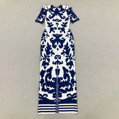 Short Sleeve Printed Maxi Dress Blue White HV1737