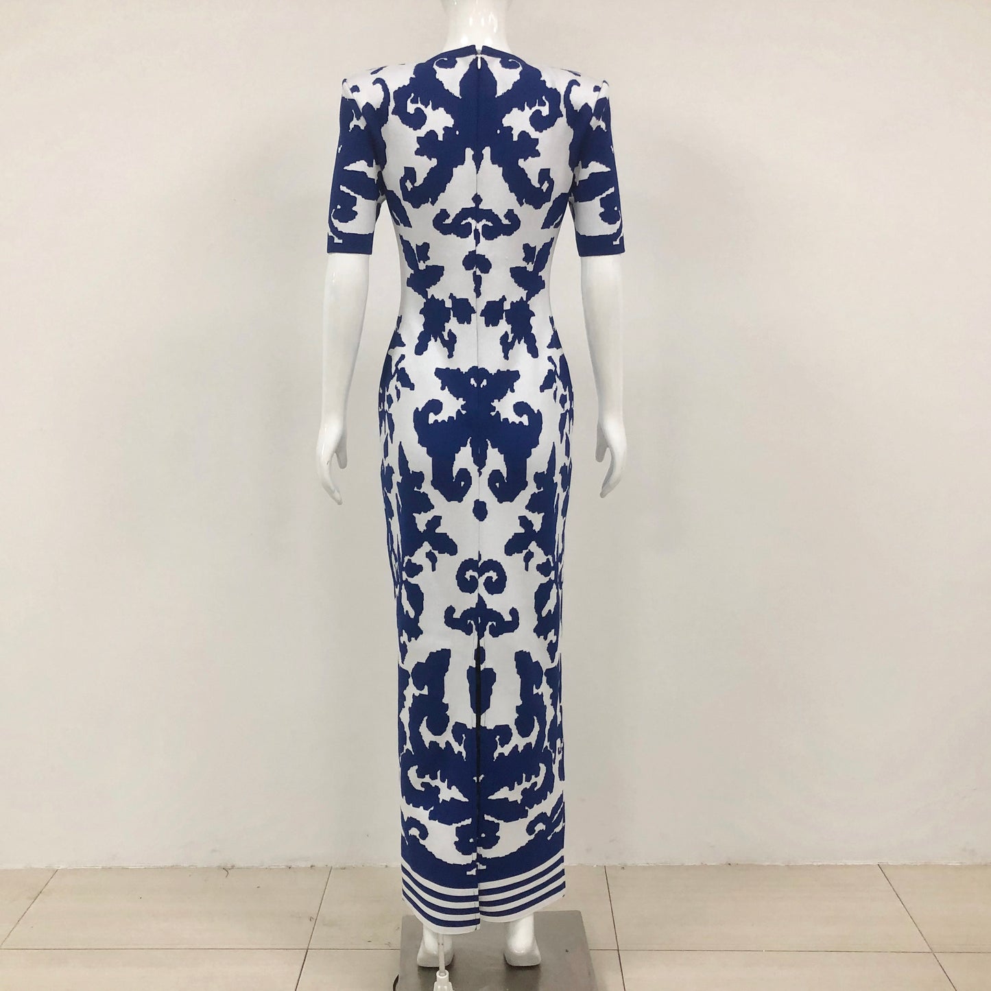 Short Sleeve Printed Maxi Dress Blue White HV1737