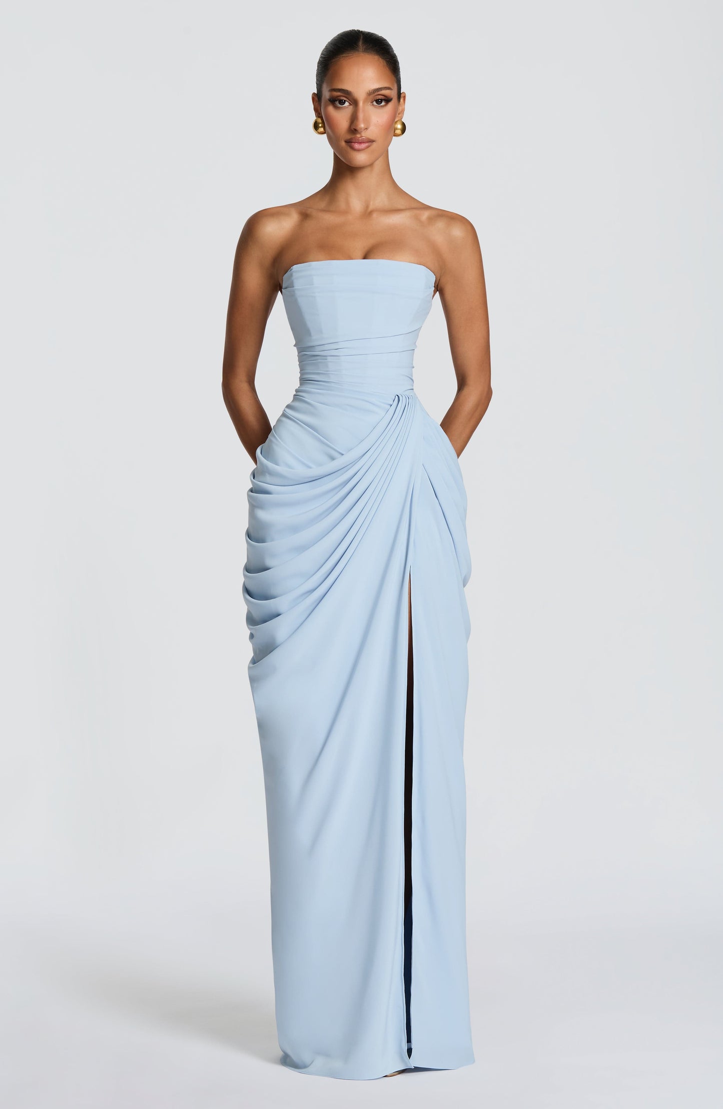 Strapless Draped Design Corset Maxi Dress Blue HV2964