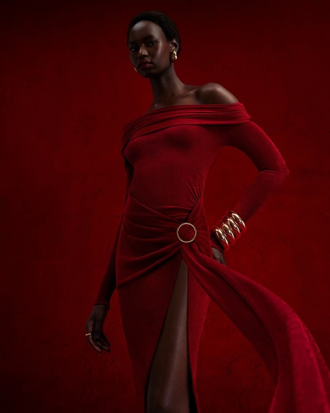 Long Sleeve Draped Bardot Maxi Velvet Dress Red HV2061