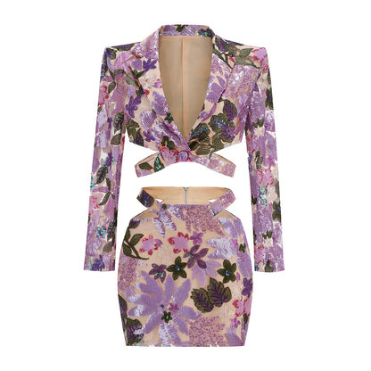 Long Sleeve Sequin Floral Two Piece Dress Purple HV2948
