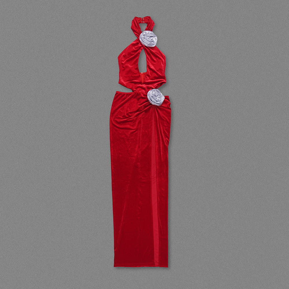 Halter Floral Detail Maxi Velvet Dress Red HV1621