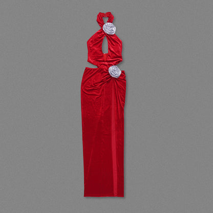 Halter Floral Detail Maxi Velvet Dress Red HV1621