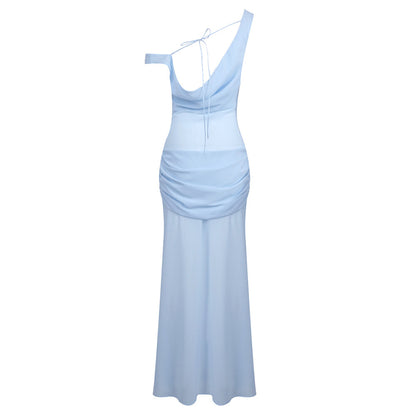 One Shoulder Corset Draped Maxi Dress Blue HV0011