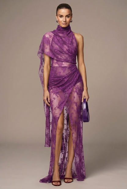 One Sleeve Draped Lace Maxi Dress HV3103