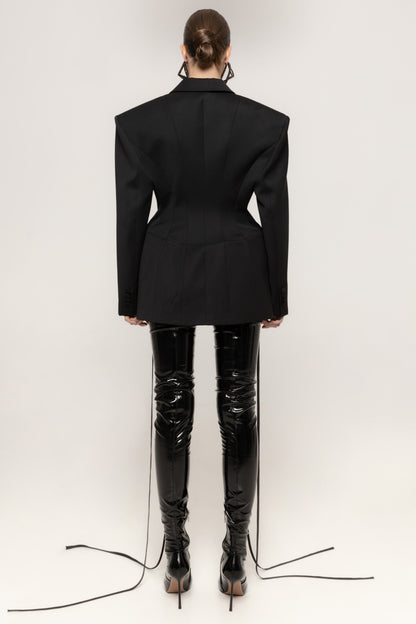 Long Sleeve Lace Up Detail Blazer Dress Black HV2574