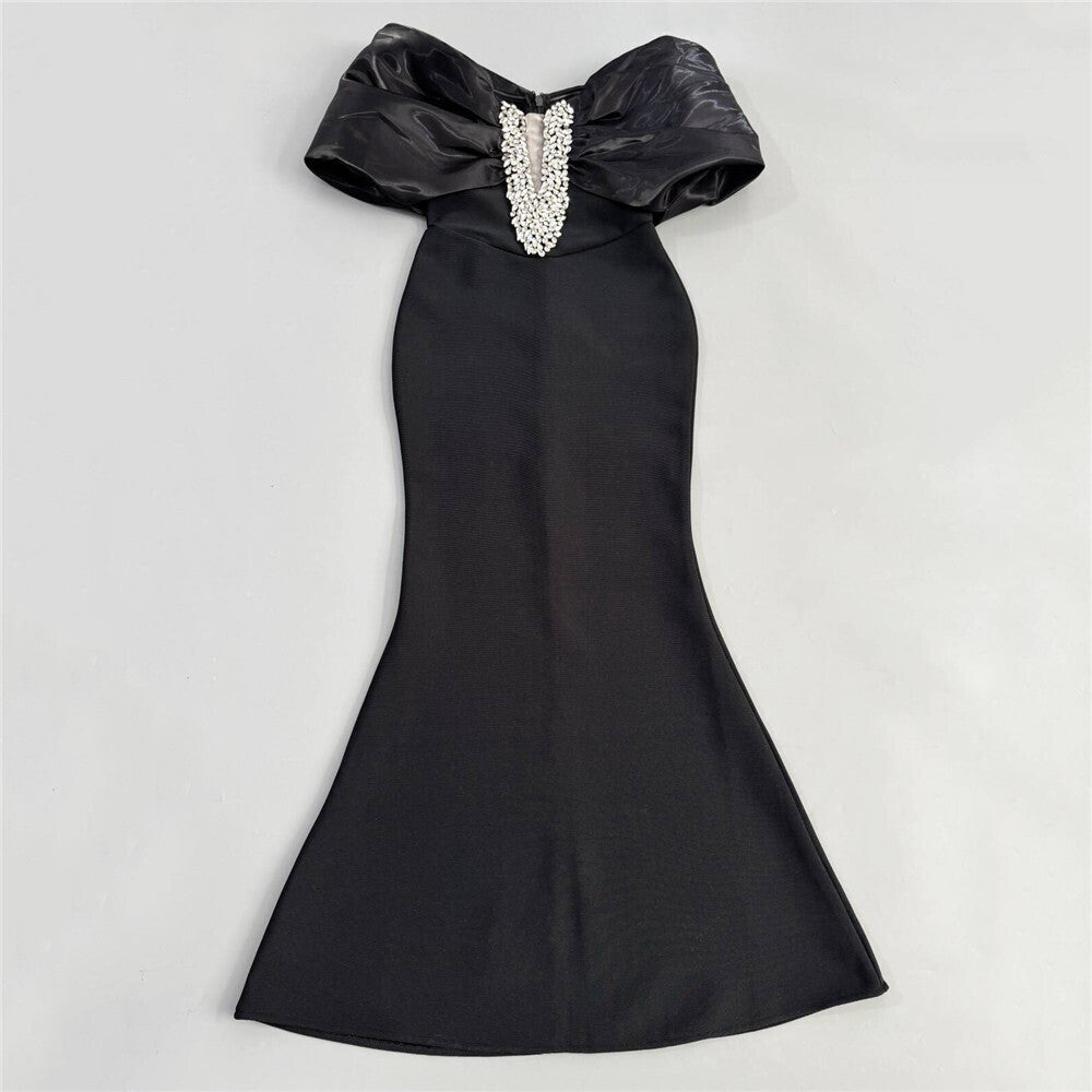 Draped Bardot Crystal Embellished Maxi Dress Black HV2644
