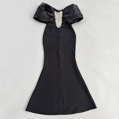 Draped Bardot Crystal Embellished Maxi Dress Black HV2644