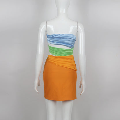 Strapless Flower Pleated Dress Blue Green Orange HV9330