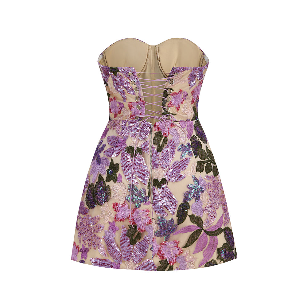 Strapless Floral Sequin Corset Dress Lavender HV3175