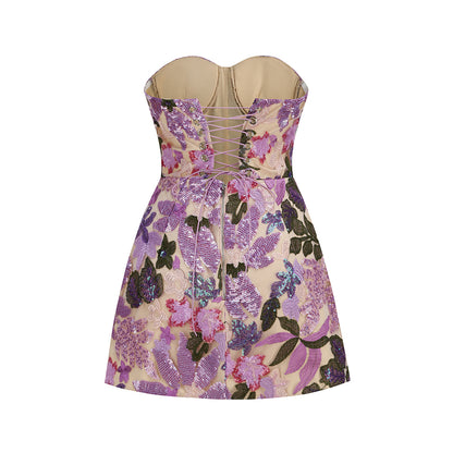 Strapless Floral Sequin Corset Dress Lavender HV3175