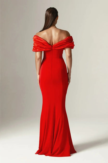 Draped Design Bardot Maxi Dress Red HV1994