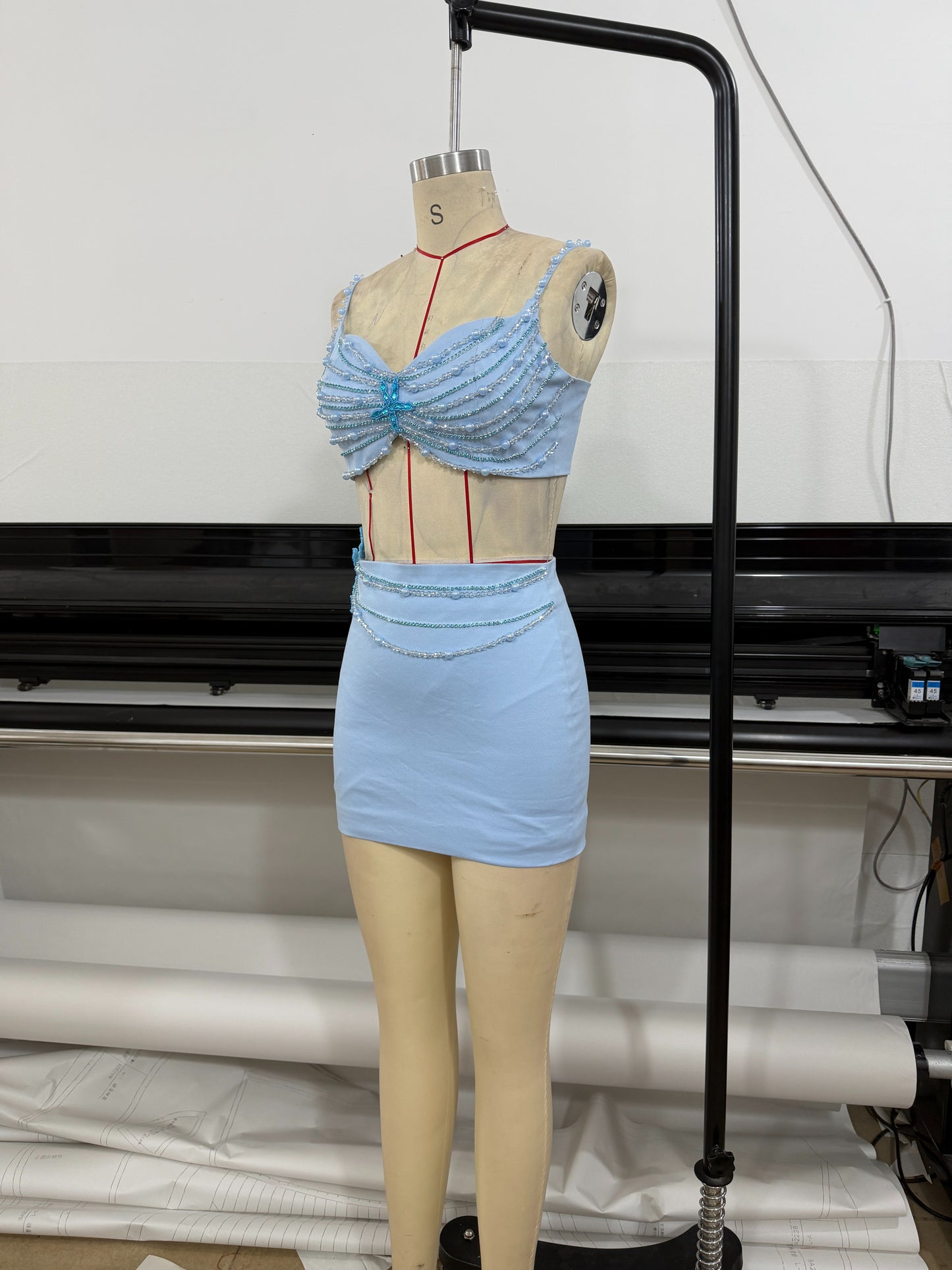Embellished Starfish Corset Two Piece Dress Blue HV3207