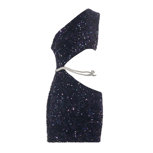 One Shoulder Sequin Crystal Dress Midnight Blue