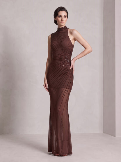 Asymmetric Embellished Maxi Dress Brown HV3200