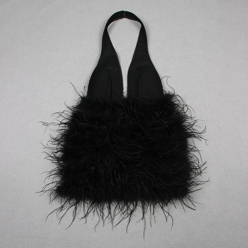 Halter Crystal Feather Dress Black HV1189