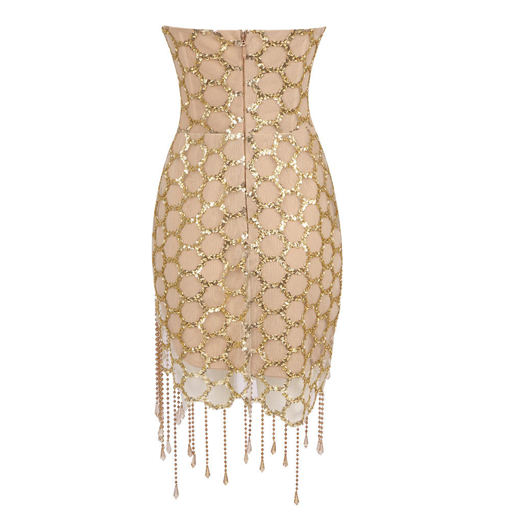 Strapless Crystal Tassel Dress Gold HV1441