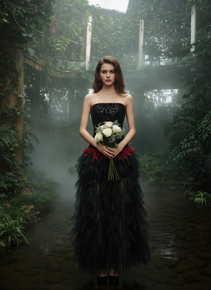 Strapless Sequin Ruffle Maxi Dress Black Red HV2760