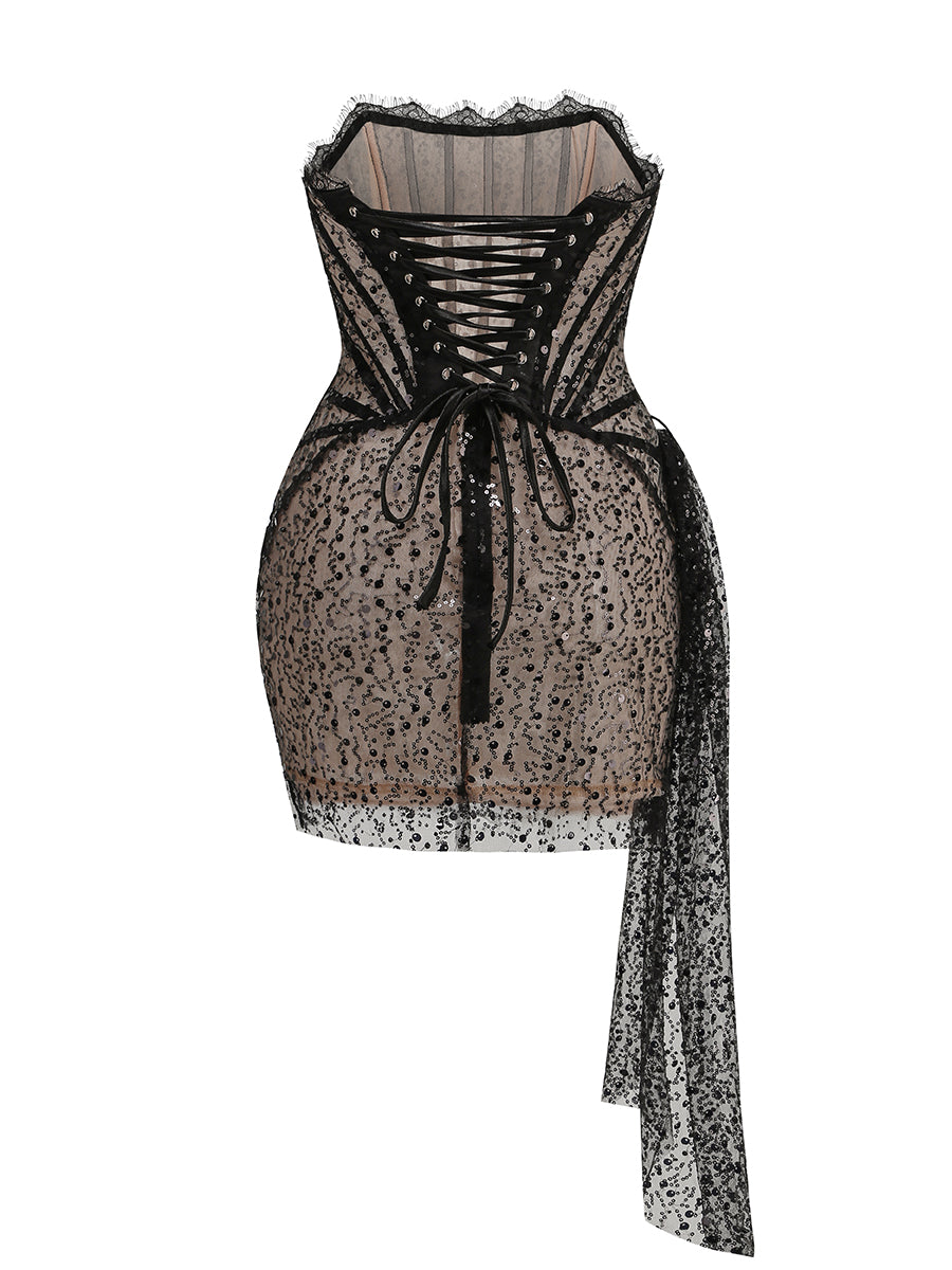 Strapless Sequin Lace Corset Dress Black