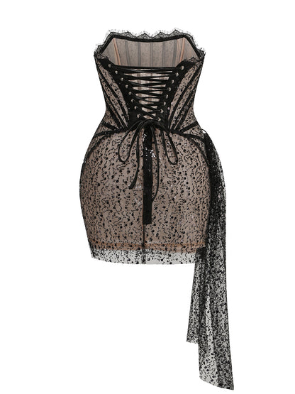 Strapless Sequin Lace Corset Dress Black