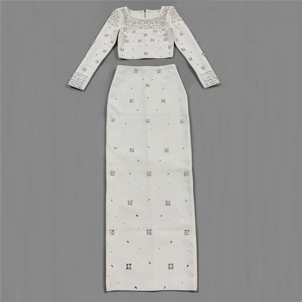 Long Sleeve Crystal Embellished Two Piece Maxi Dress White HV3098