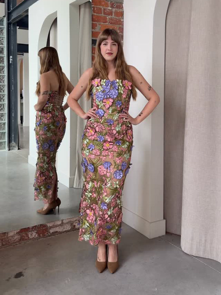 Strapless Floral Corset Maxi Dress Pink Green HV2883