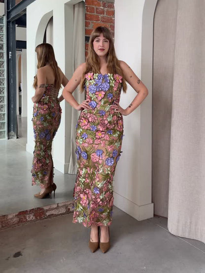 Strapless Floral Corset Maxi Dress Pink Green HV2883