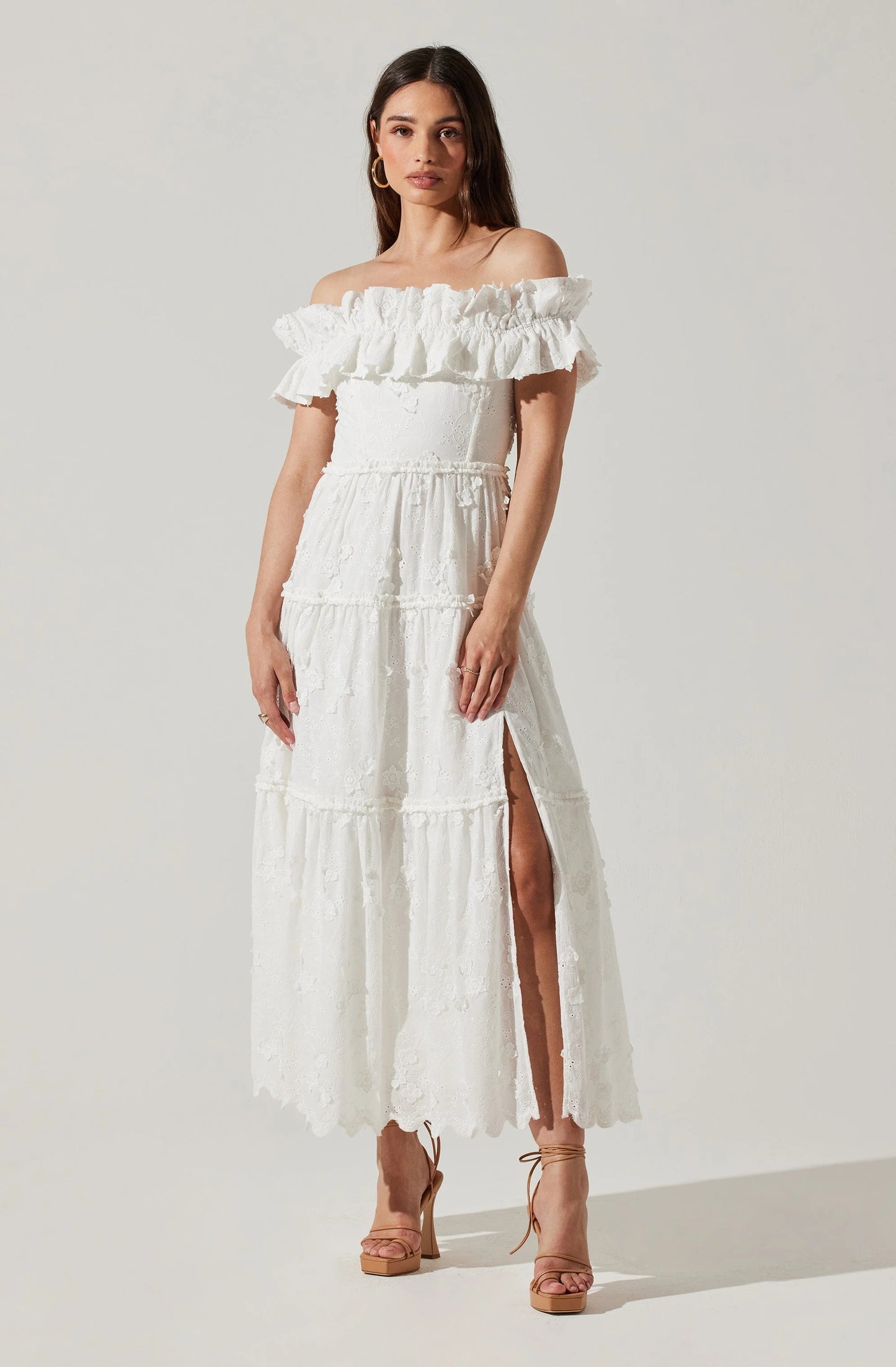 Ruffle Bardot A Line Midi Broderie Anglaise Dress White HV1407