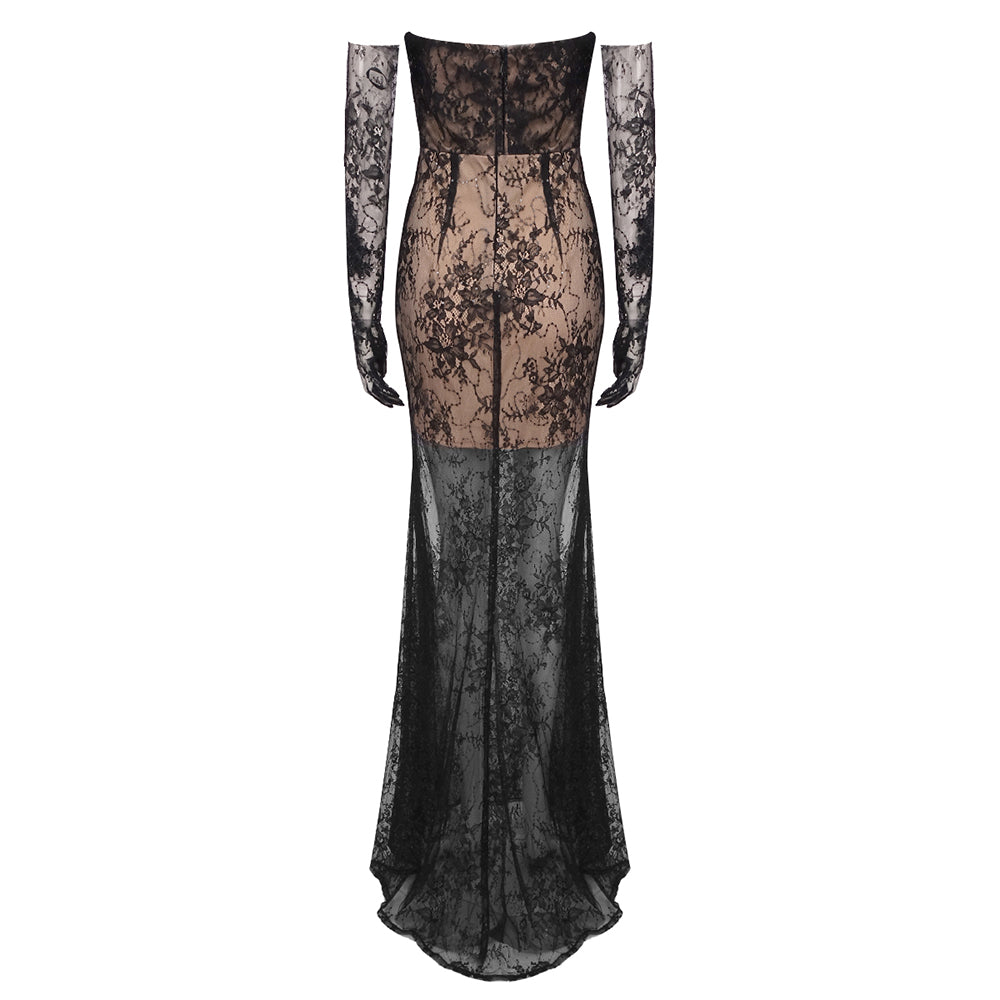 Strapless Sequin Lace Maxi Dress Black