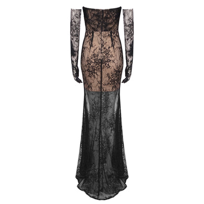 Strapless Sequin Lace Maxi Dress Black