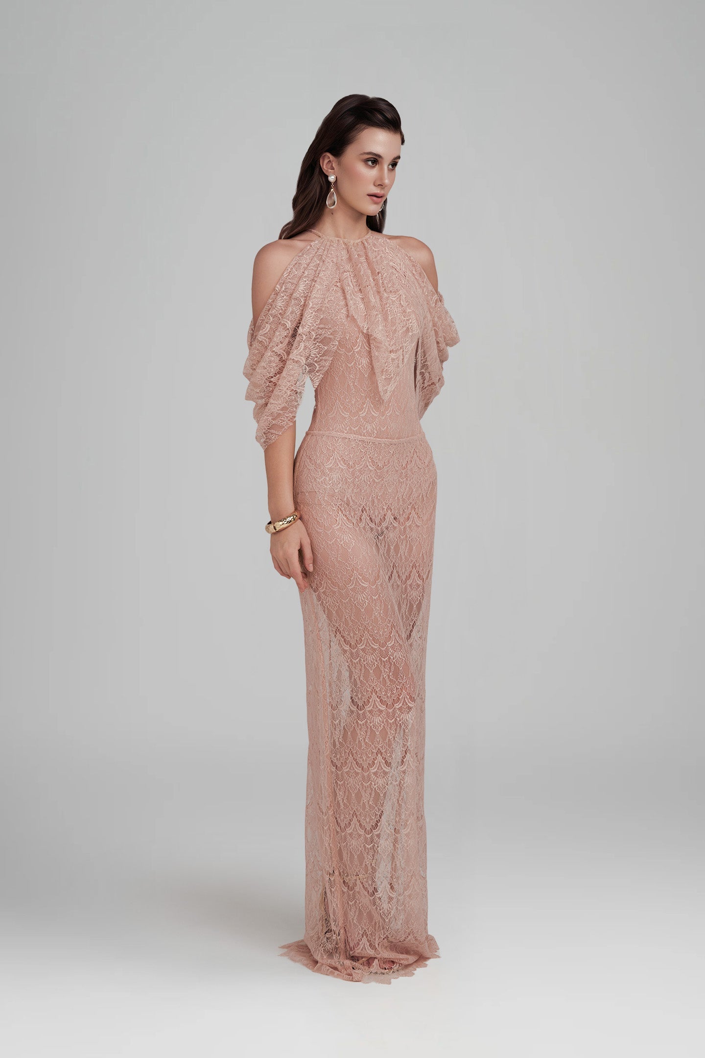 Halter Ruffle Draped Lace Maxi Dress Pink HV3190