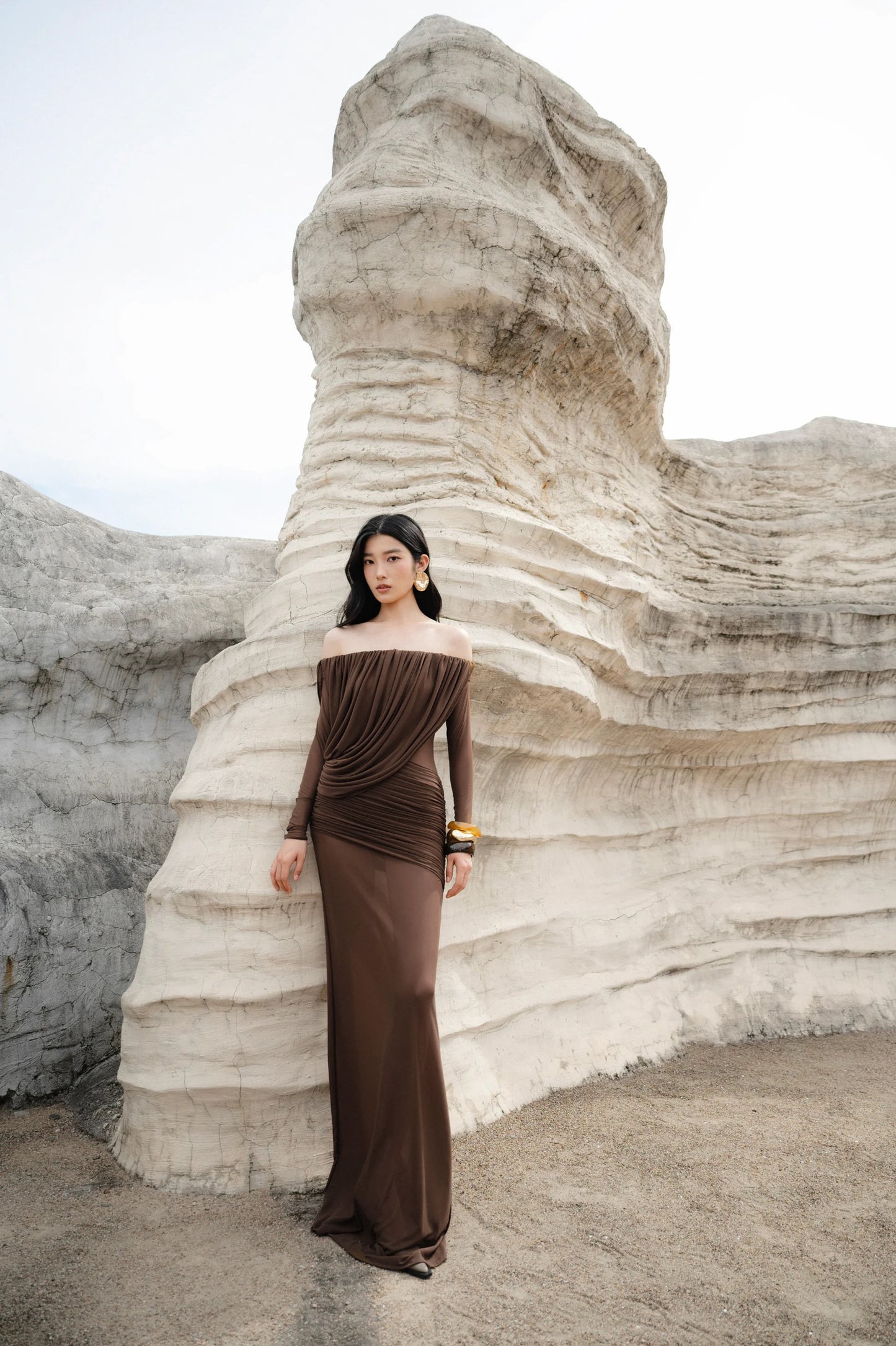 Long Sleeve Draped Bardot Maxi Dress Brown HV0066
