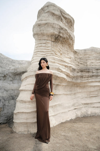 Long Sleeve Draped Bardot Maxi Dress Brown HV0066