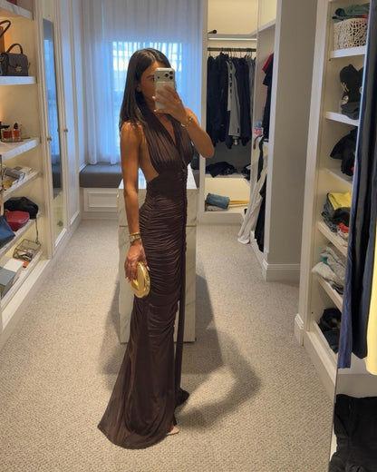 Halter Braid Detail Ruched Maxi Dress Brown HV0083