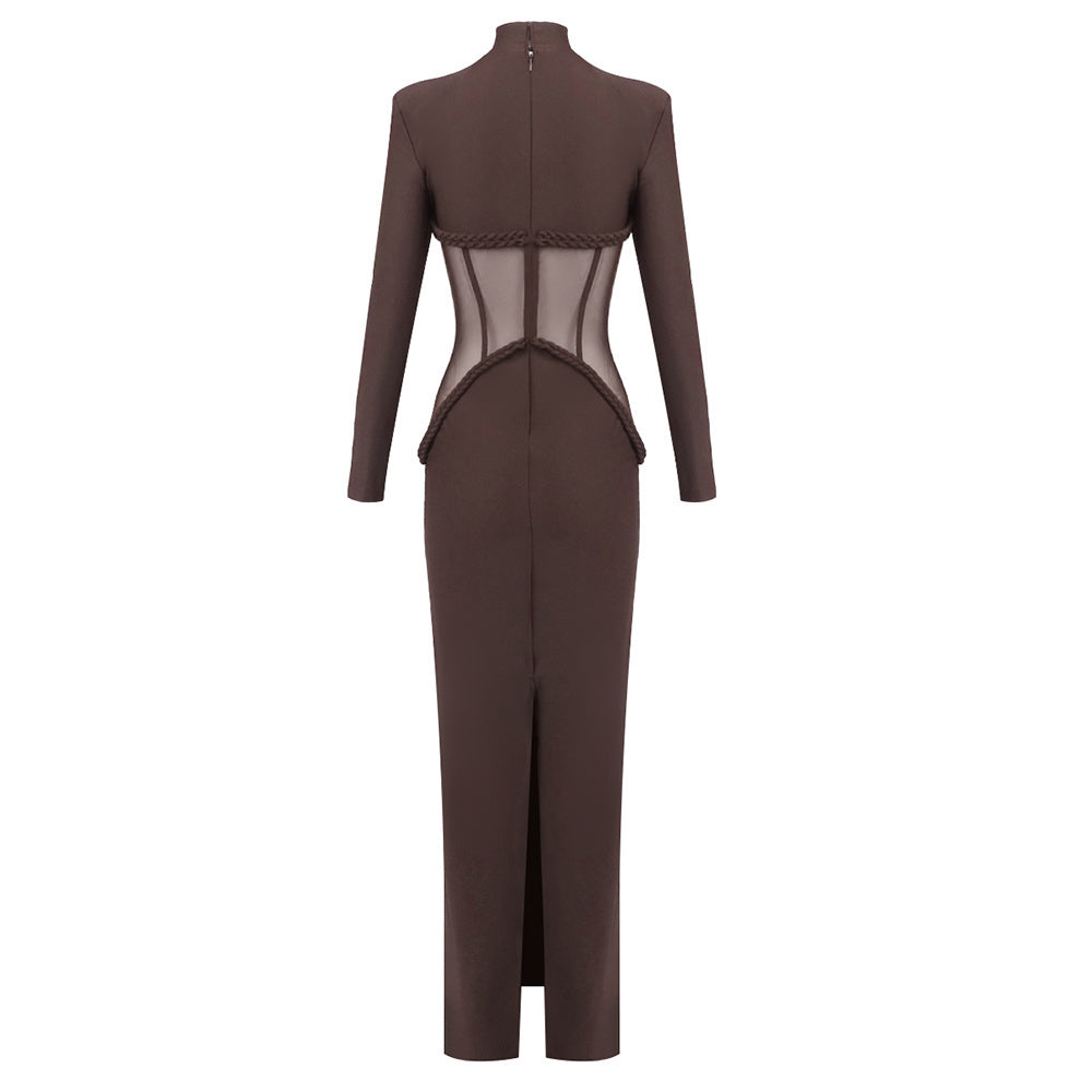 Long Sleeve Structured Mesh Maxi Dress Brown HV2648