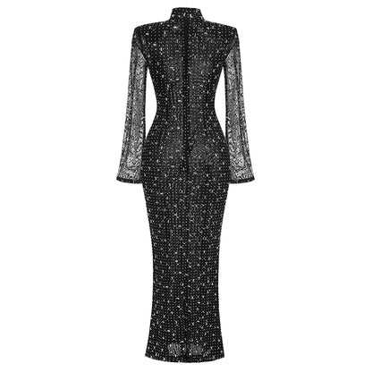 Long Sleeve Embellished Mermaid Dress Black HV1750