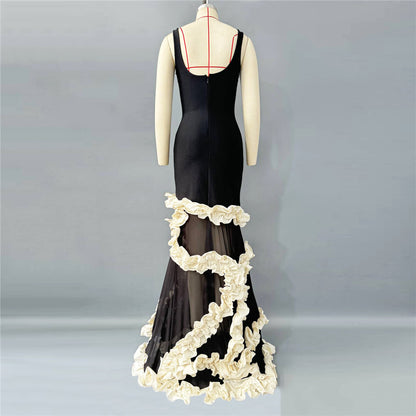 ชุดเดรสยาว Ruffle ตาข่าย สีขาวดำ HV2305