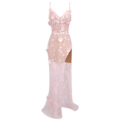 Long Sleeve Floral Sequin Maxi Dress Silver HV1784