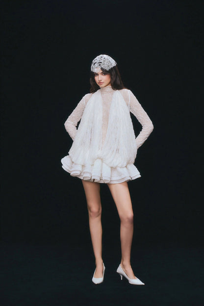 Long Sleeve Draped Lace Ruffle Dress White HV3119