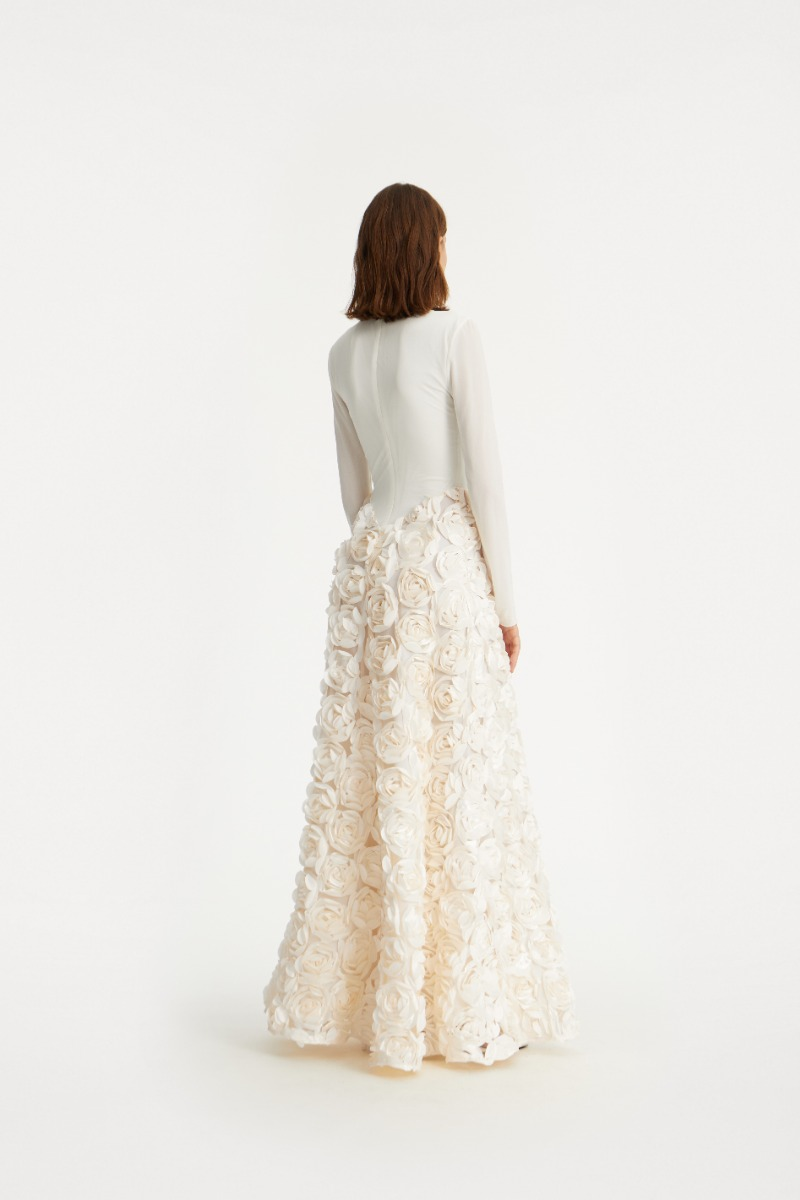 Long Sleeve Floral A Line Maxi Dress Ivory HV2839