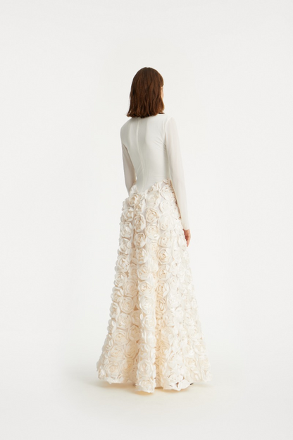Long Sleeve Floral A Line Maxi Dress Ivory HV2839