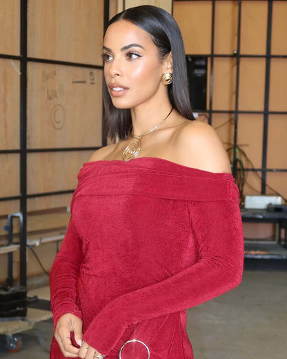 Long Sleeve Draped Bardot Maxi Velvet Dress Red HV2061