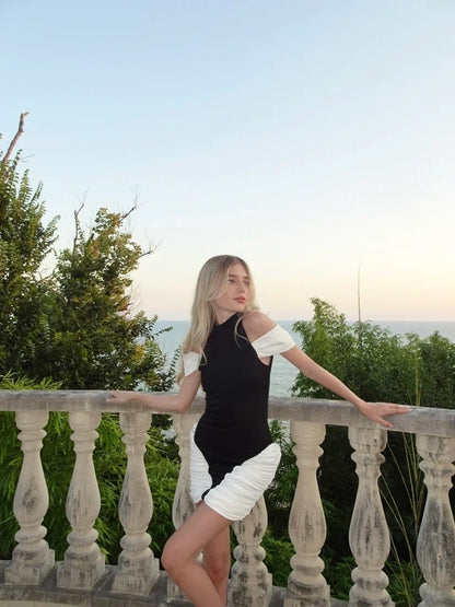 Cold Shoulder Ruched Dress Black White HV2660