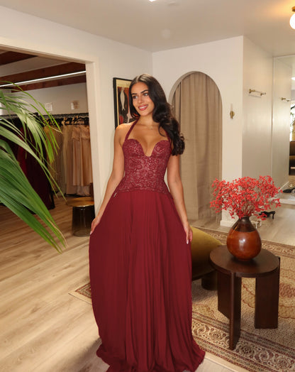 Halter Pleated Corset Maxi Dress HV0095