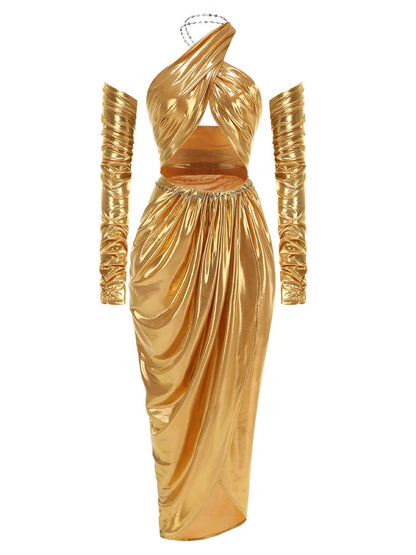 Halter Long Sleeves Draped Maxi Dress Gold HV1653