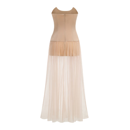 Strapless Embellished Mesh A Line Maxi Dress Nude HV3229